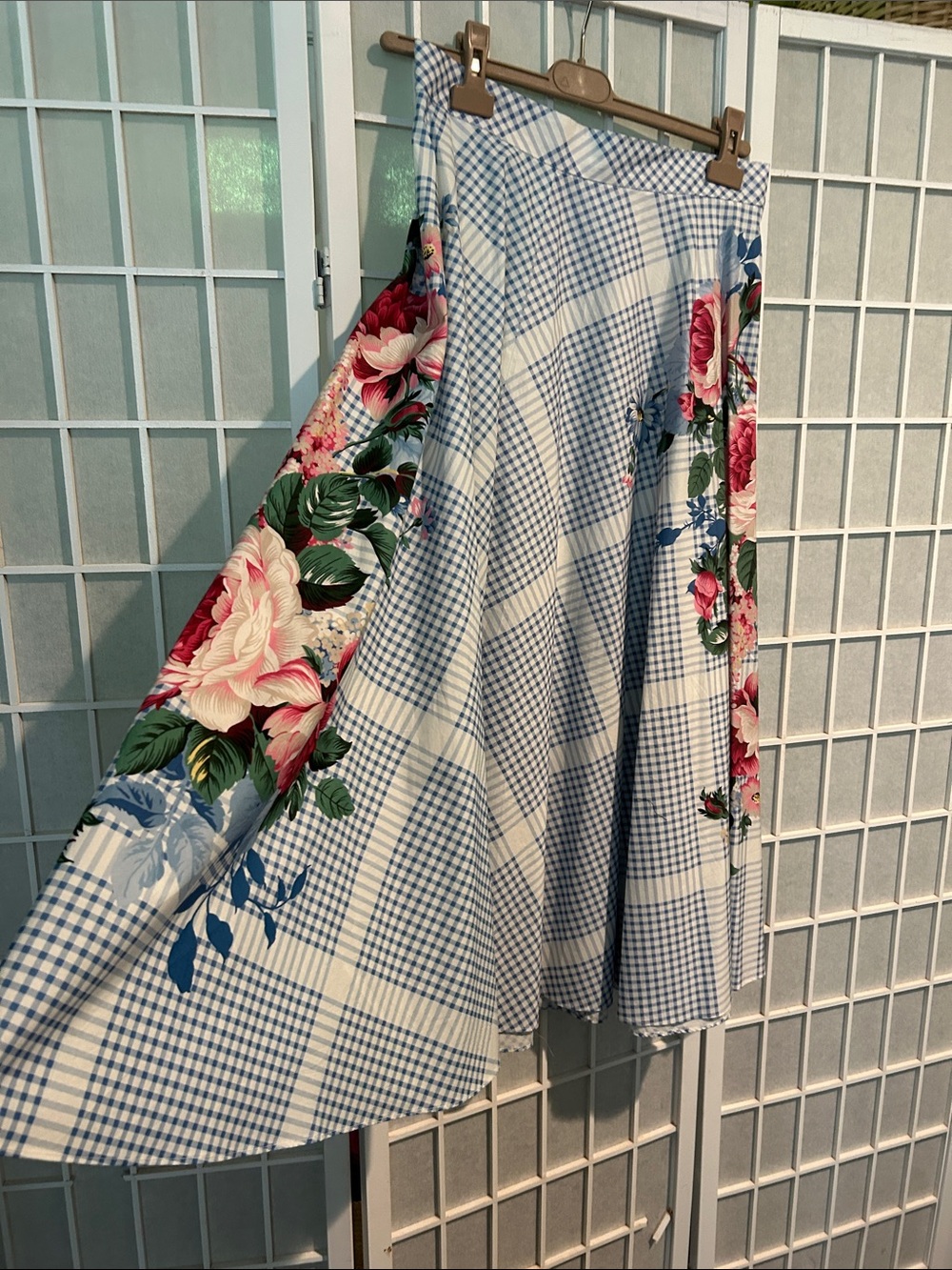 MaxMara Blue and White Gingham Floral Midi Skirt